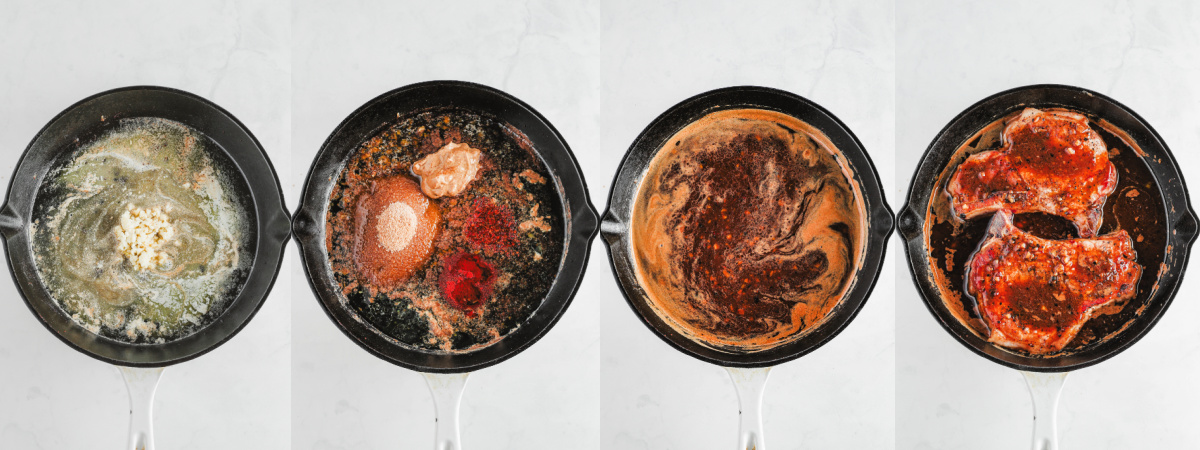 A series of process images showing how to make brown sugar sauce for seared pork chops.