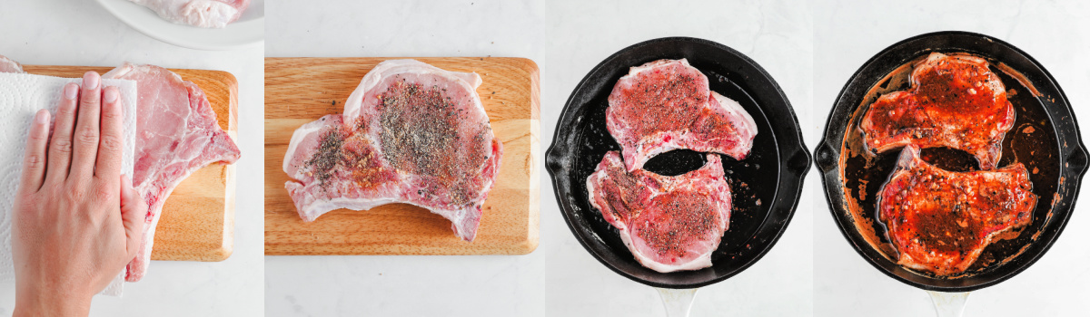 A series of process images showing how to sear pork chops in a cast iron skillet.