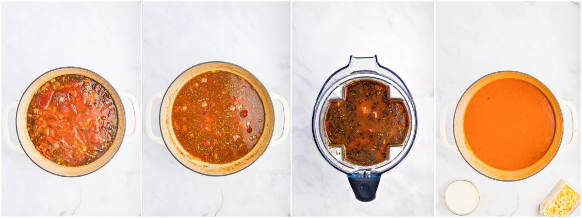 A series of process images showing how to blend and finish roasted red pepper soup.