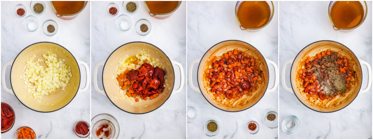 A series of process images showing how to cook veggies to make roasted red pepper soup.