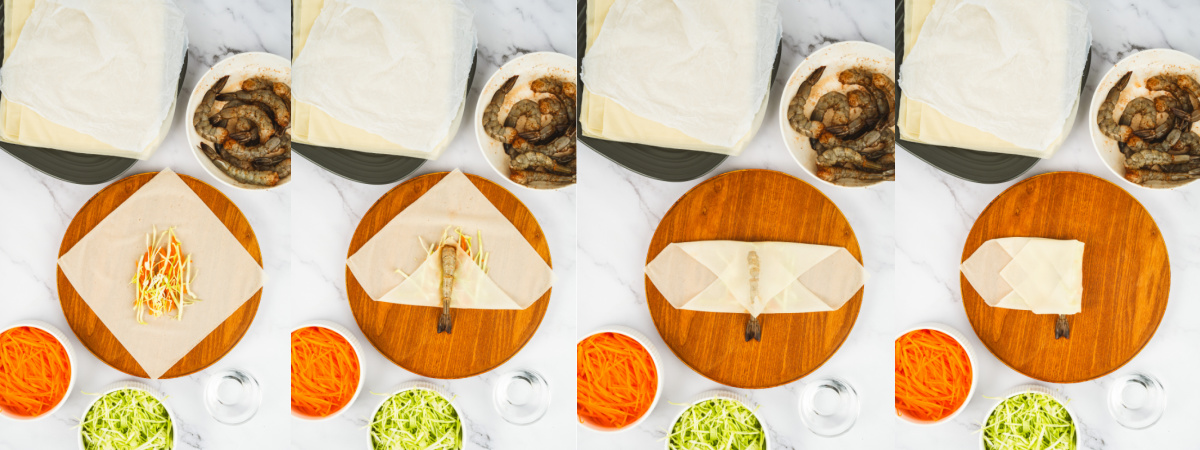 A series of process images showing how to wrap shrimp spring rolls. 