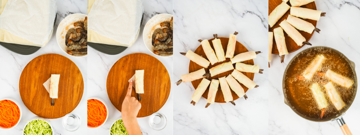 A series of process images showing how to wrap and fry shrimp spring rolls.