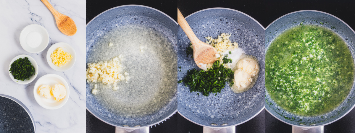 A series of process images showing how to make garlic parsley butter sauce.