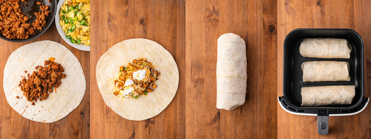 A series of process photos showing how to fill, fold, and heat a Mexican Breakfast Burrito in an air fryer.