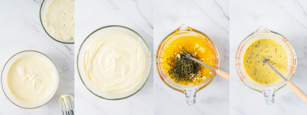 A series of process images showing how to mix up cream cheese filling and garlic sauce for Korean Cream Cheese Garlic Bread.