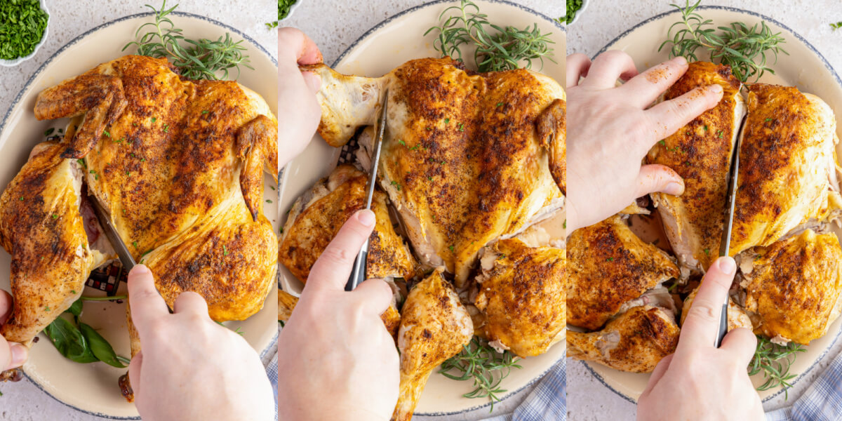 A series of process photos showing how to carve a roast spatchcock chicken.