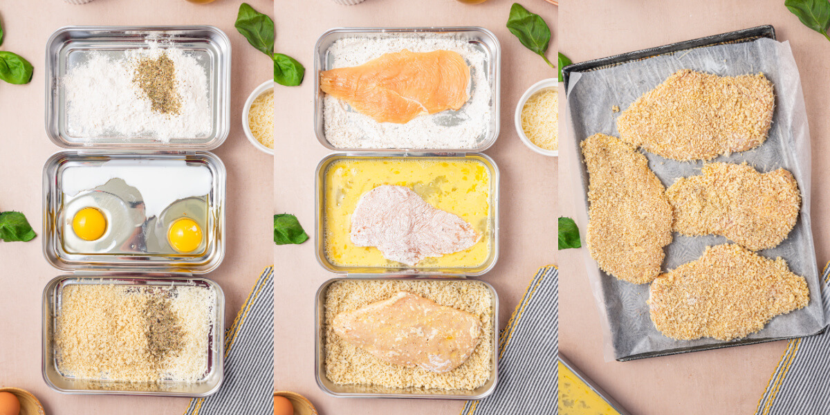 A series of photos showing how to dredge chicken cutlets in flour, egg, and breadcrumbs before baking them.
