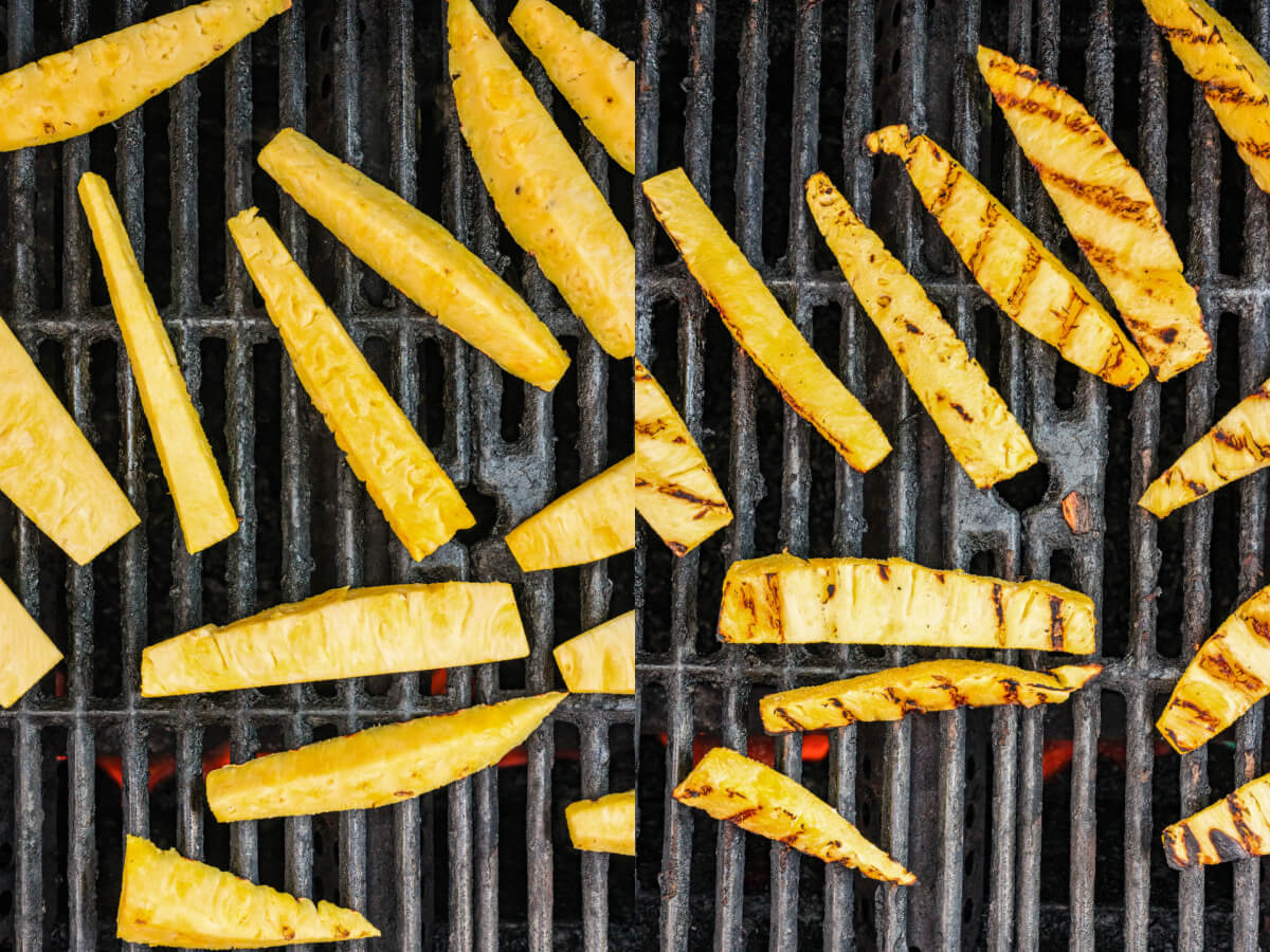 Two process photos showing how to grill pineapple spears.