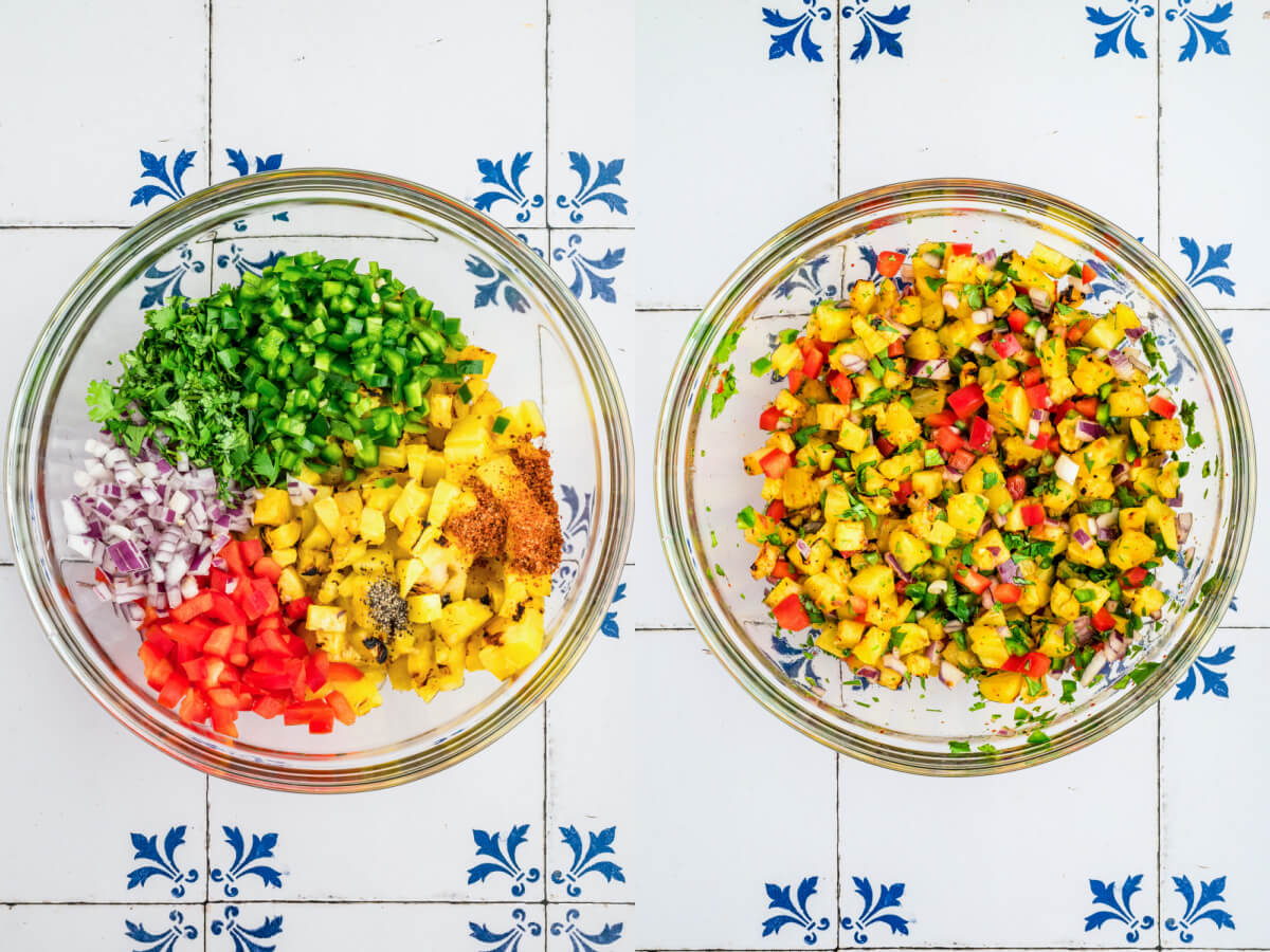Two process images showing how to chop up and mix the ingredients for grilled pineapple salsa.