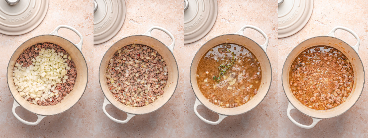 A series of process images showing how to cook vegetables, aromatics and beef stock into a sauce.