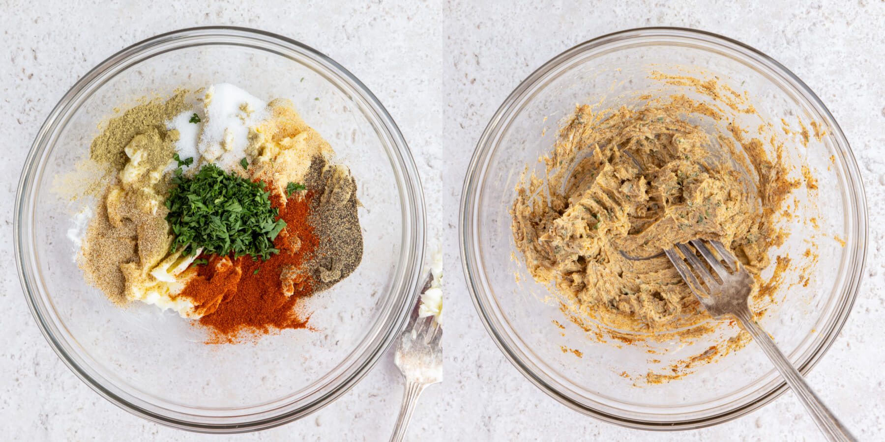 A series of process images showing how to mix up seasoned butter rub for roast spatchcock chicken.