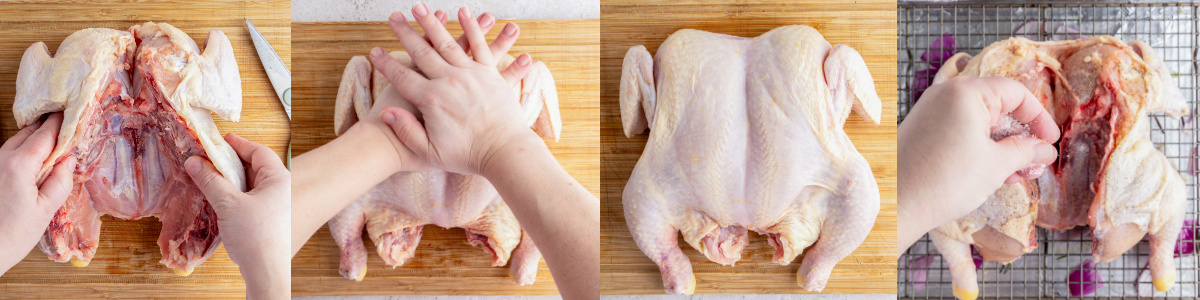 A series of process images showing how to flatten a spatchcock chicken.