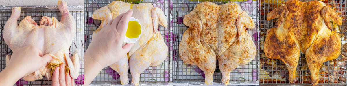 A series of process images showing how to prepare a spatchcock chicken for roasting.