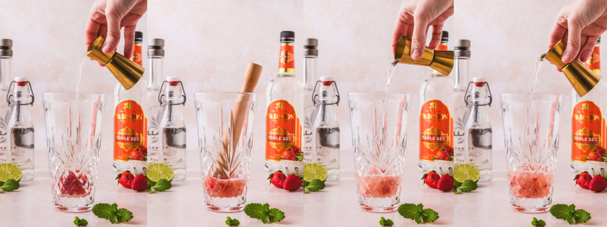 A series of process images showing how to smash strawberries and measure ingredients for a strawberry margarita.