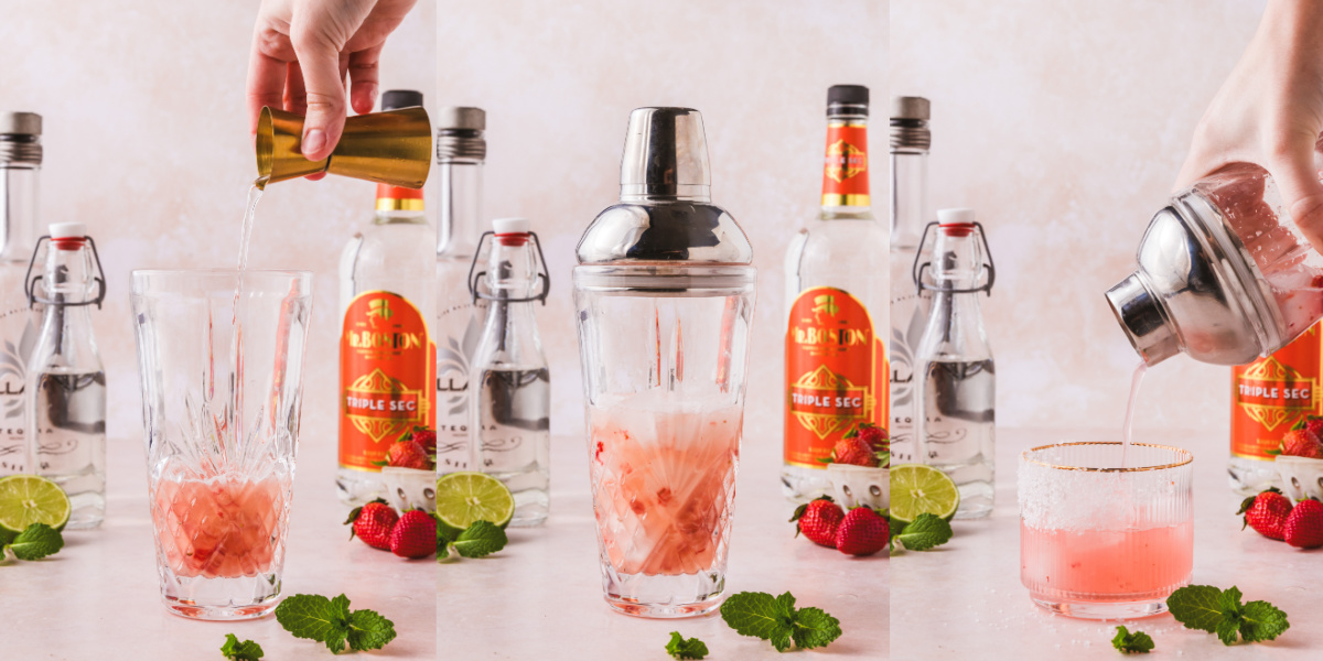 A series of process images showing how to shake and strain a strawberry margarita.