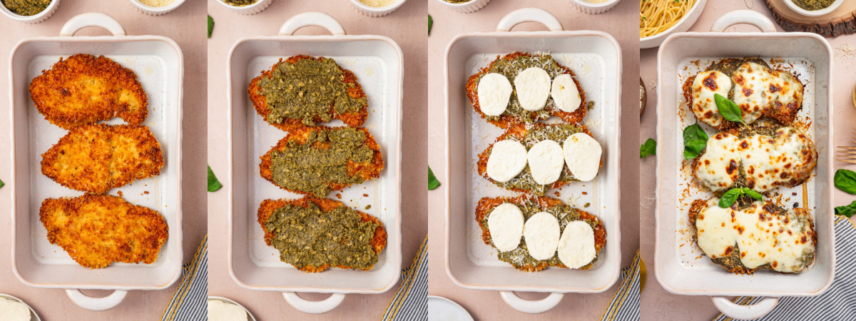 A series of photos showing how to top baked chicken cutlets with tomato sauce, pesto, and mozzarella cheese.