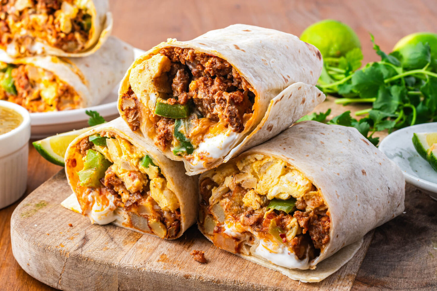 Three burritos on a wooden cutting board sliced open to show the spicy red chorizo, soft scrambled eggs, melted cheese and vegetables inside.