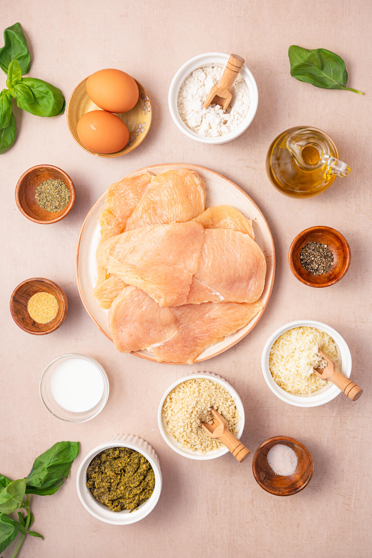 Ingredients required to cook four servings of Pesto Chicken Parmesan.