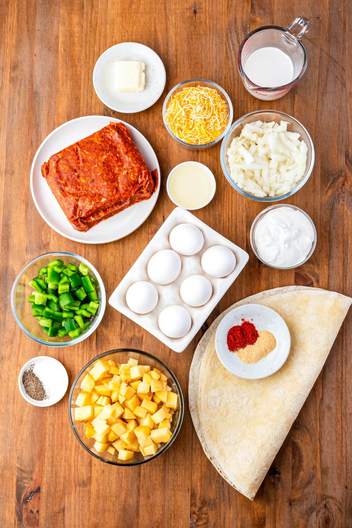 Ingredients required to make a Mexican Breakfast Burrito.