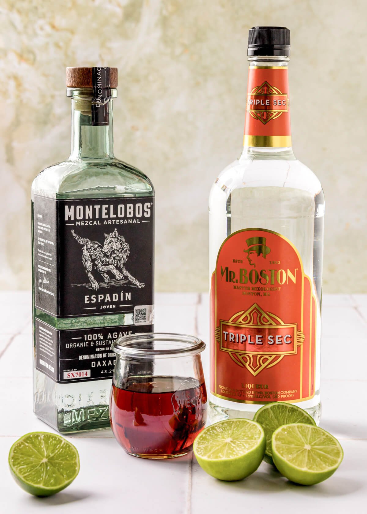 Ingredients required to make a smoky Mezcal Margarita.