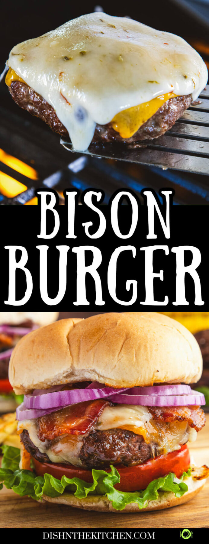 Pinterest image featuring a cheesy bison burger on the grill and another in a bun with toppings.