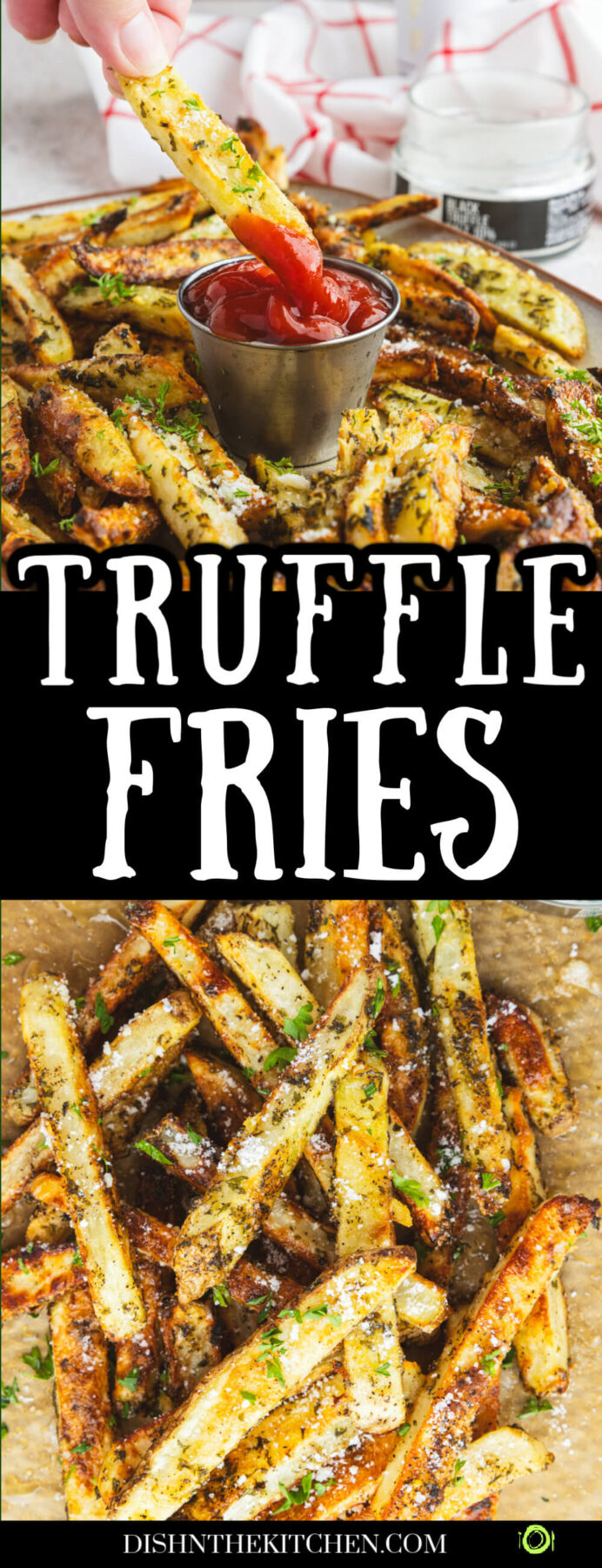 Pinterest image featuring golden brown oven baked truffle fries dotted with parsley and black truffle salt.