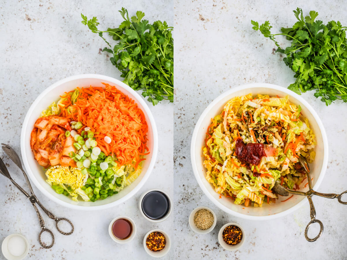 Two process images showing how to mix up a bowl of Kimchi Slaw.