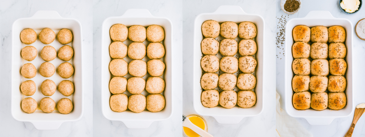 A series of photos showing how rye dinner rolls rise and bake in a baking dish.