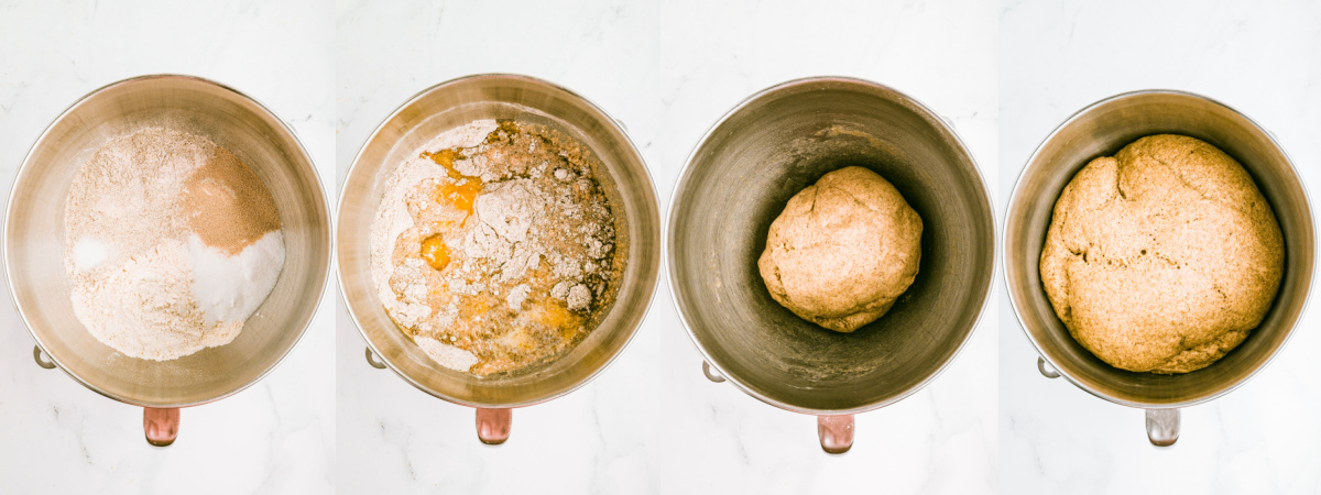 A series of process images showing how to mix up the dough for rye dinner rolls.