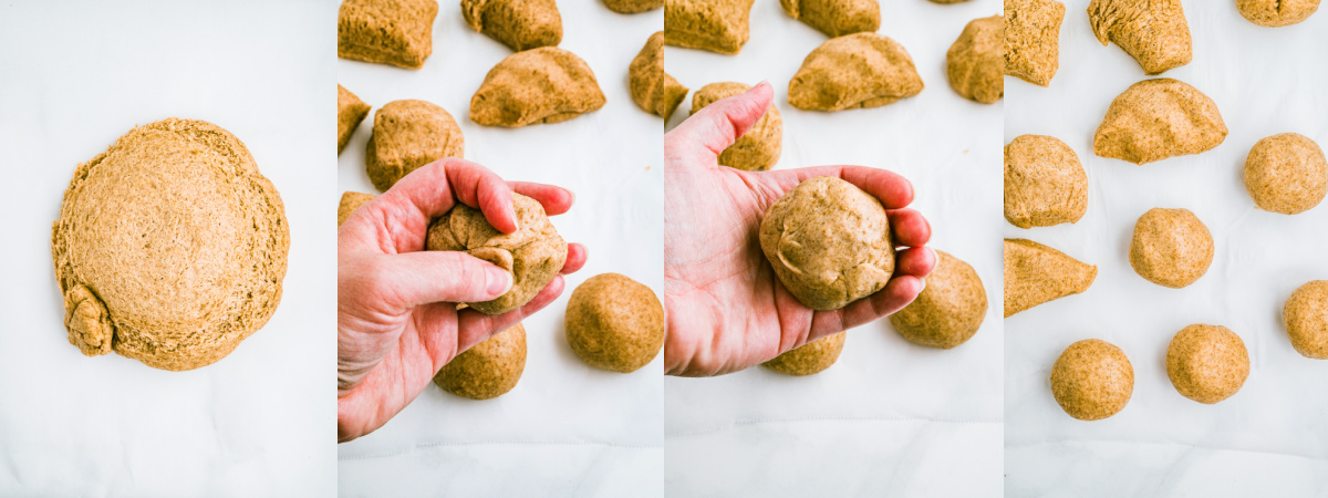 A series of process images showing how to shape rye dinner rolls.