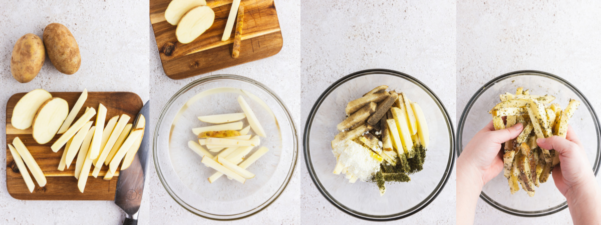 A series of process images showing how to cut and coat oven baked truffle fries.
