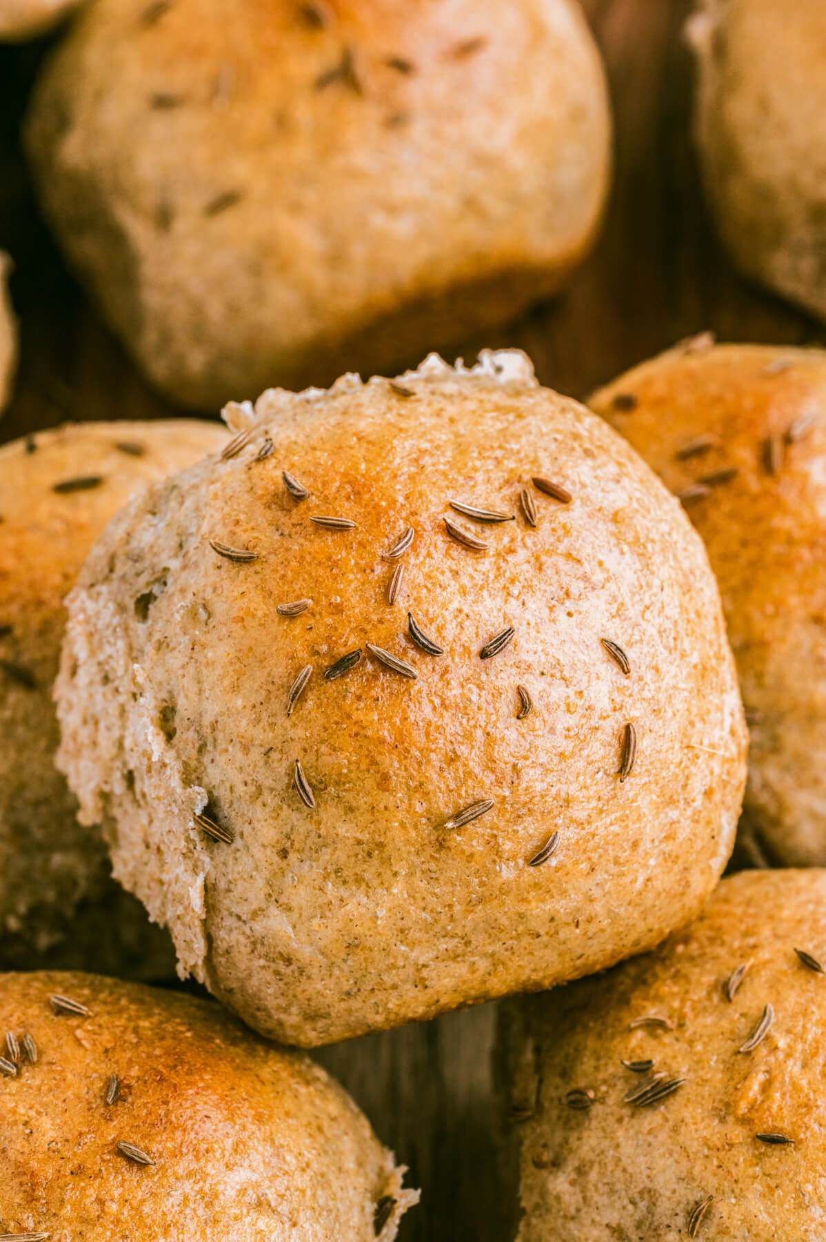 A group of golden baked rye dinner rolls dotted with caraway seeds on a wooden board.