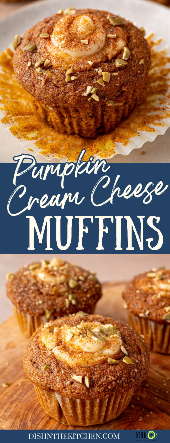 Pinterest image featuring several golden baked Pumpkin Cream Cheese Muffins with a cream cheese, sugar, and pumpkin seed topping.