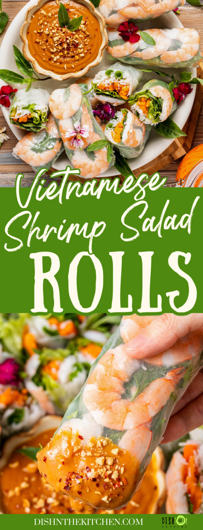 Pinterest image featuring a platter of vibrant Vietnamese Shrimp Salad rolls with one being dipped in peanut sauce.