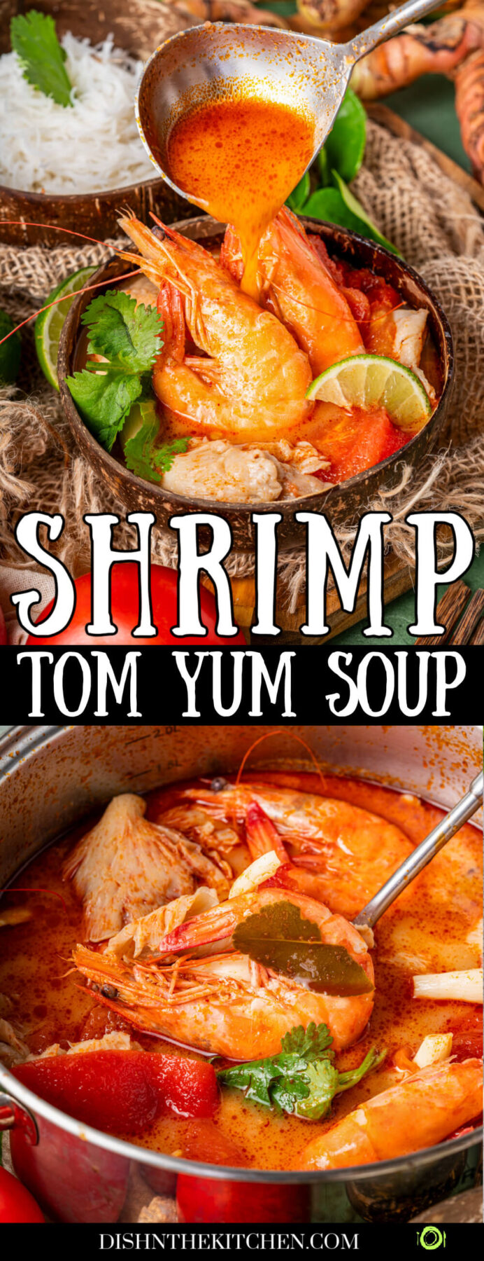 Pinterest image featuring two bowls of vibrant Shrimp Tom Yum Soup garnished with fresh herbs and limes.