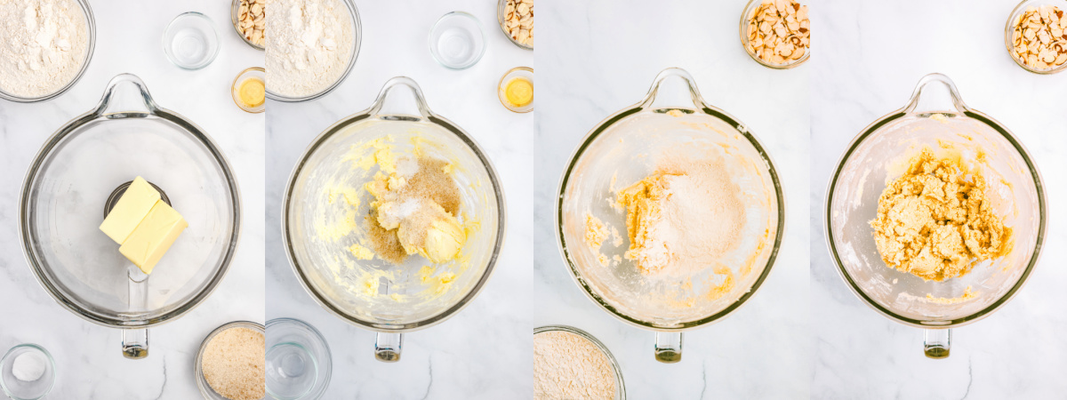 A series of process images showing how to mix up almond shortbread cookie dough.