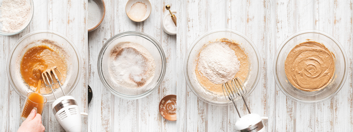 A series of process photos showing how mix the dry ingredients for an Apple cider donut cake batter.
