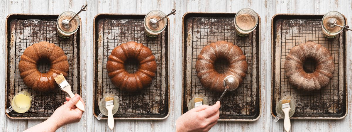 A series of process photos showing how to finish an apple cider donut cake with cinnamon sugar.