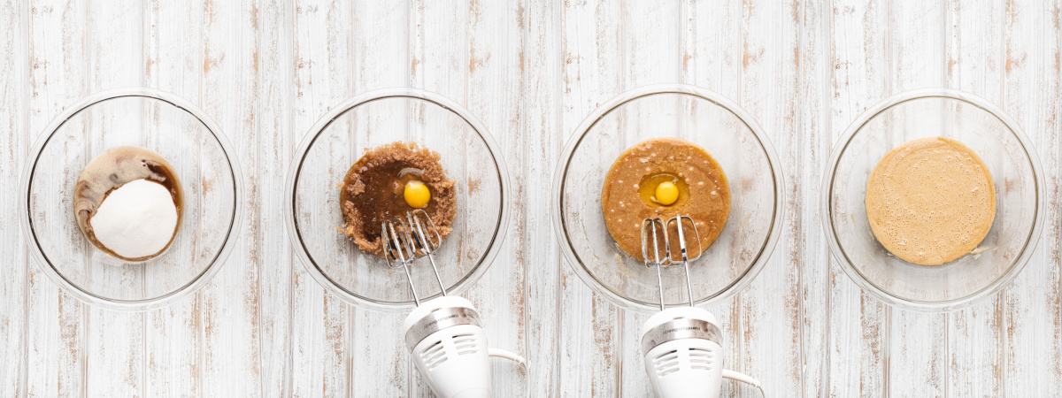A series of process photos showing how mix the wet ingredients for an Apple cider donut cake.