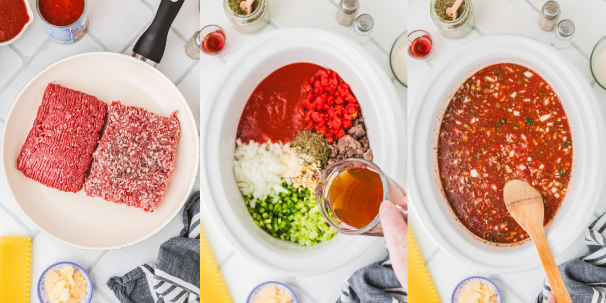 A series of images showing the steps to making lasagna soup in a slow cooker.