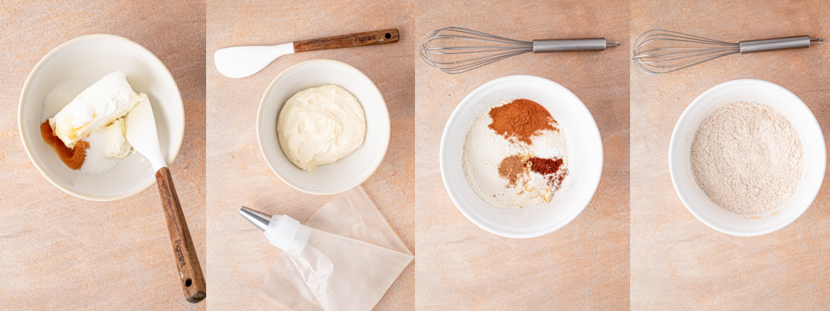 A series of process photos showing how to combine dry ingredients for muffin batter.
