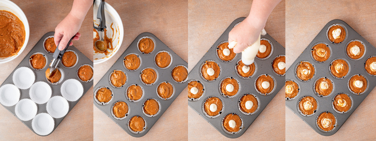 A series of process images showing how to fill a muffin tin with Pumpkin Cream Cheese Muffins.