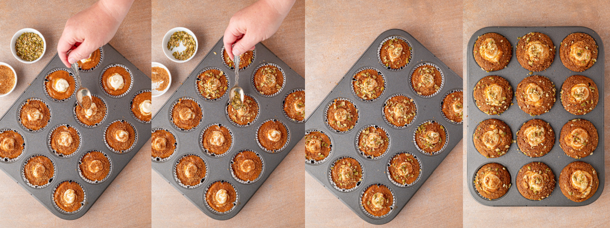 A series of process images showing how to top Pumpkin Cream Cheese Muffins before baking.
