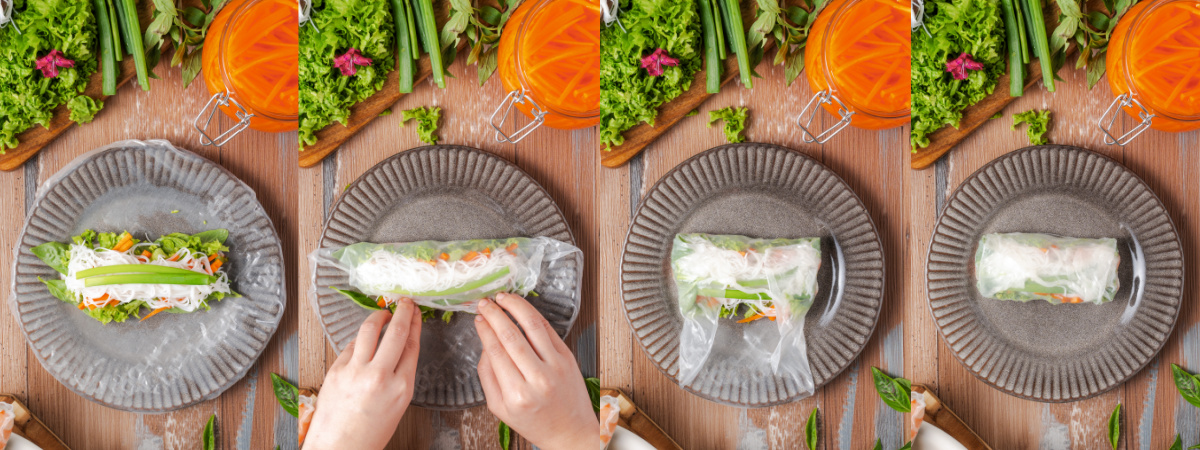 A series of process images showing how to roll Vietnamese Shrimp salad rolls.