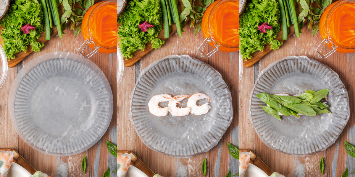A series of process images showing how to roll Vietnamese Shrimp salad rolls.