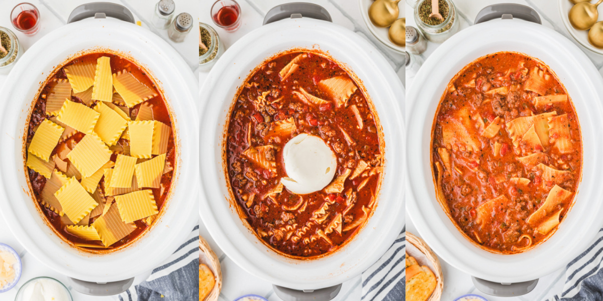A series of process images showing how to add the noodles and ricotta cheese to slow cooker lasagna soup.