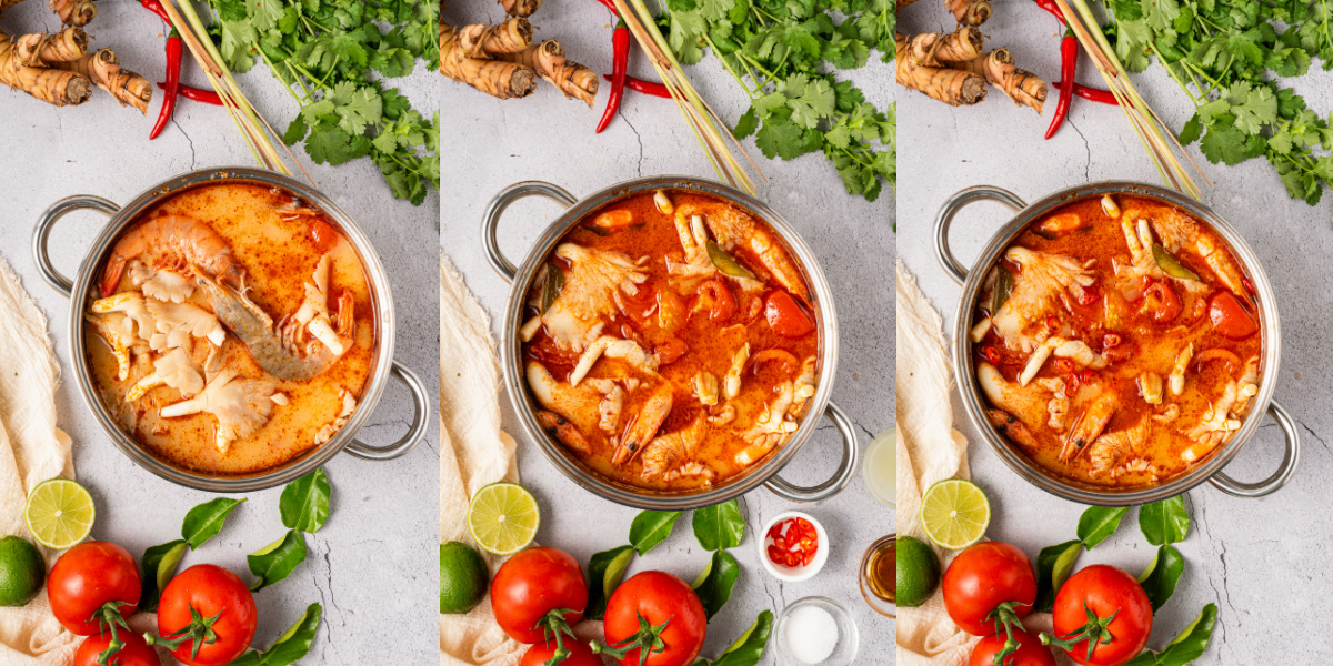 A series of process images showing how to make Shrimp Tom Yum Soup.