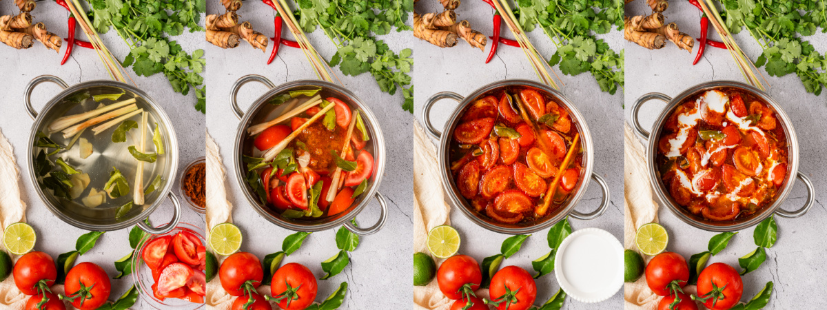 A series of process images showing how to prepare the aromatics for Tom Yum Soup.