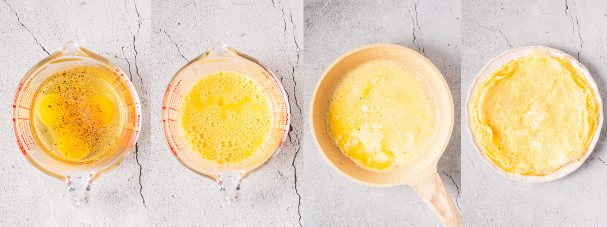 A series of photos showing how to prepare egg omelette for kimbap.
