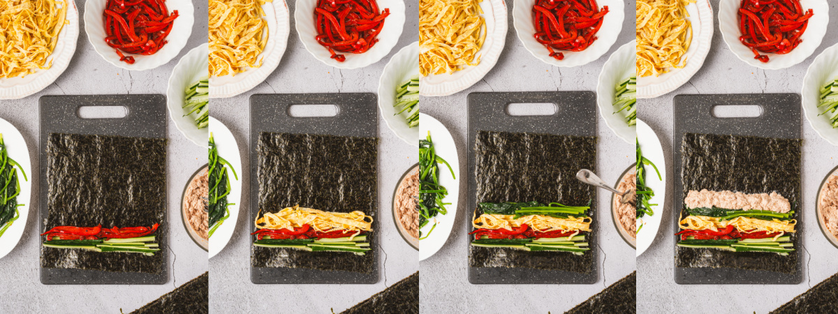 A series of photos showing how to roll ingredients in a seaweed sheet.